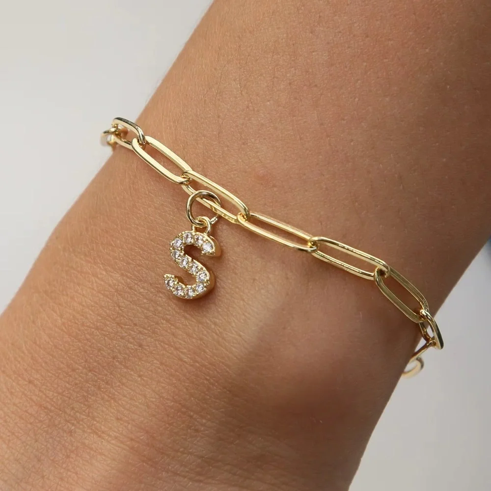 Gold Initial S Charm paper clip Bracelet